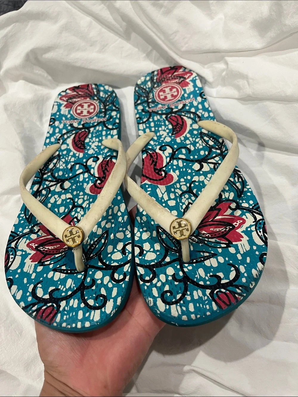 Tory Burch Teal Floral Print Flip Flop Sandals with Cream Straps and Gold Logo